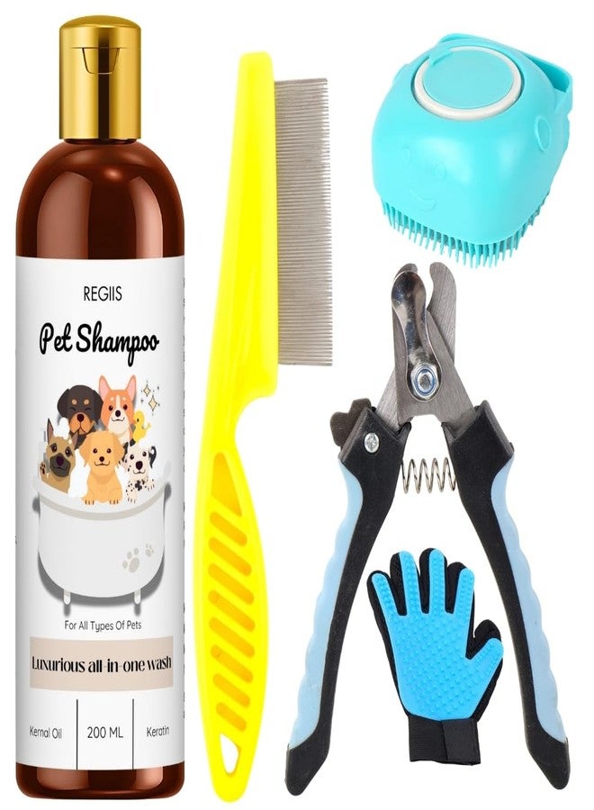 REGIIS Regis Pet Grooming Kit, 5-Piece Dog Shampoo Set with Nail Clippers, Deshedding Brush, Comb, Glove, 200ml All-in-One Wash for Dogs and Cats - Image 1